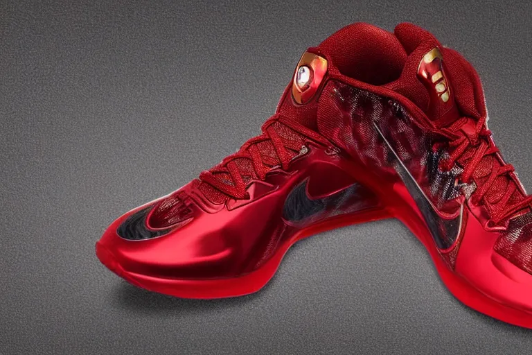 Image similar to mid product still of The New metallic red and gold Ironman Nike sneakers with glowing arc reactor swoosh and carbon fiber accents, 4k