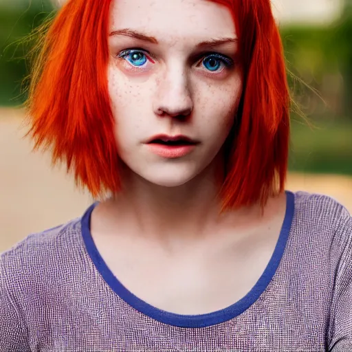Image similar to close up of face of good looking 1 9 year old pale woman with blue eyes, no makeup, freckles, strong jawline, skinny, short straight orange hair in a bob style, red t shirt, color portrait, flash photography 4 k
