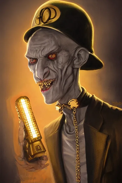 Image similar to stylish nosferatu with a golden chain microphone in his hand and a hip hop cap, d & d, fantasy, portrait, highly detailed, headshot, digital painting, trending on artstation, concept art, sharp focus, illustration, art by artgerm and greg rutkowski and magali villeneuve