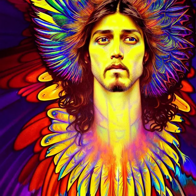 Prompt: face of jesus psychedelic transcendent feather mind bending psychedelic wings of glossy liquid honey flowing like kaleidoscopic translucent holograph, lsd feathers, feathery fluff, enlightenment, high contrast dappled lighting, refracted sunset, highly detailed, concept art, art by collier, albert aublet, krenz cushart, artem demura, alphonse mucha