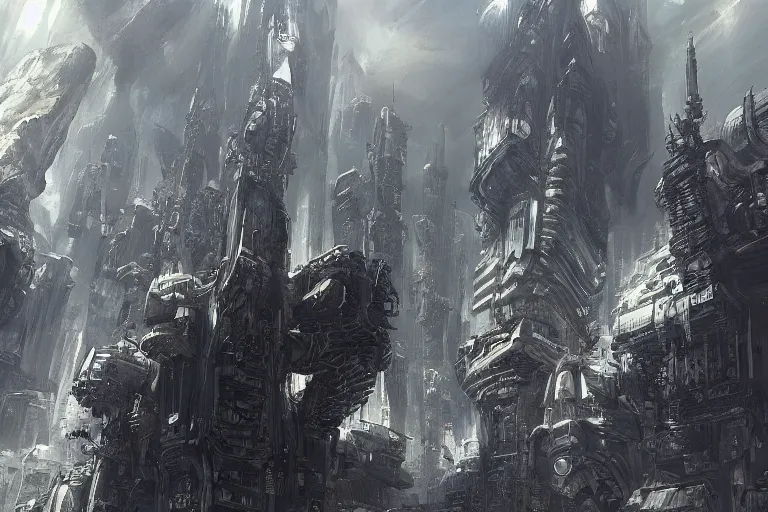 Prompt: a vast planetary sci-fi city, In style of Bekisnski, Tsutomu Nihei, Dark Fantasy, warhammer 40.000, oil on canvas, artstation, dramatic scenery, masterpiece, aesthetic