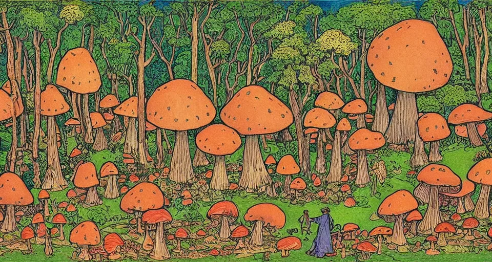 Prompt: A tribal village in a forest of giant mushrooms, by Ivan Bilibin,