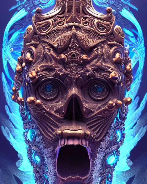 Prompt: 3 d ornate carved dark cosmic king with tattoos profile portrait, sigma 5 0 0 mm f / 5. beautiful intricate highly detailed quetzalcoatl skull. bioluminescent, plasma, lava, ice, water, wind, creature, thunderstorm! artwork by tooth wu and wlop and beeple and greg rutkowski, 8 k trending on artstation