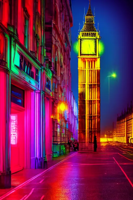 Image similar to neon streets of london big ben, 4 k, award winning photo