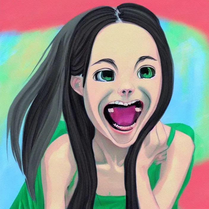 Image similar to nice quality and nice everything painting of a nice portrait of the popular girl at the psych ward laughing at the viewer, the style is like Watamote rendered with 3D effect.