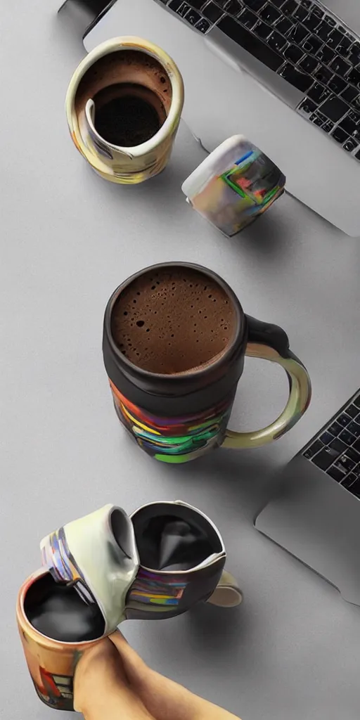 Prompt: stylish mug, filled with steaming hot coffee, standing on a table. cyberpunk style. colorful.