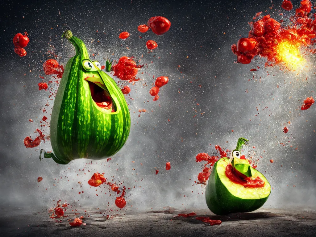 Image similar to highly detailed 3 d render of a raging zucchini character, burning scissors, running down a dirt road, scared tomates scattered everywhere, high speed action, explosions, dramatic scene, hyper realistic octane render, cinematic lighting, tomato splatter, deviantart, black sky, lowbrow, surrealism, frame from pixar movie