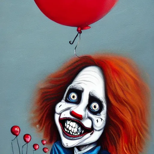 Image similar to grunge painting of david dobrik with a wide smile and a red balloon by chris leib, loony toons style, pennywise style, corpse bride style, horror theme, detailed, elegant, intricate