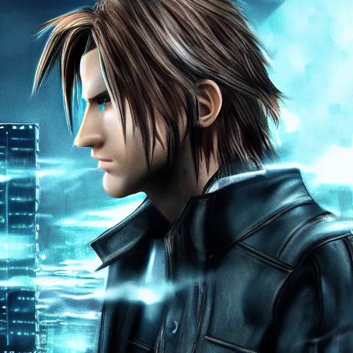 Image similar to photorealistic squall leonhart in a sci fi city