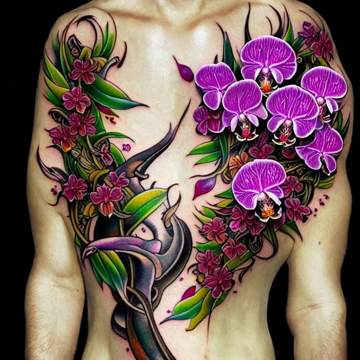 Image similar to extremely psychedelic tattoo design made of orchid and cherry blossom tree and mushroom, LSD tattoo design, diffuse lighting, fantasy, intricate, elegant, highly detailed, lifelike, photorealistic, digital painting, artstation, illustration, concept art, smooth, sharp focus, art by John Collier and Albert Aublet and Krenz Cushart and Artem Demura and Alphonse Mucha