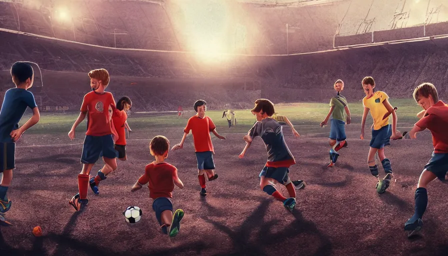 Image similar to five kids playing soccer in destroyed rfk memorial stadium, sunny day, hyperdetailed, artstation, cgsociety, 8 k