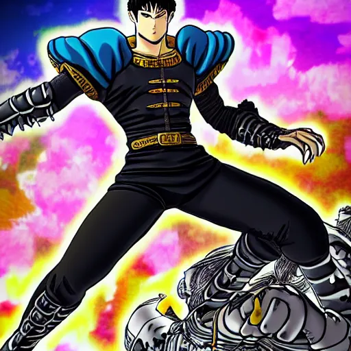 Prompt: Guts from Berserk in the style of Jojo´s bizzare adventure.