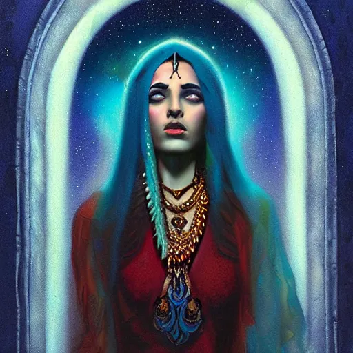 Prompt: old Desi majestic lady guru, looking upwards, despair, kneeling, mystic, blue, by Anato Finnstark, Tom Bagshaw, Brom