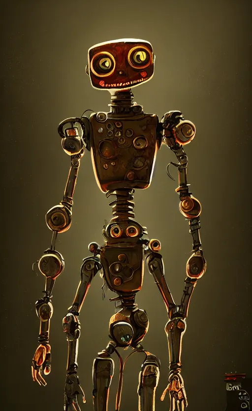 Image similar to a robot in the style of the stop motion movie coraline, dynamic lighting, fantasy concept art, trending on art station, stunning visuals, creative, cinematic, ultra detailed