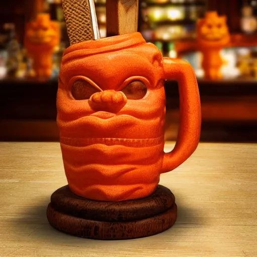 Image similar to a closeup photorealistic photograph of an orange cat garfield style tiki mug at a trader vic's bar with garfield's face on the front. tiki party. bright scene. fine detail. this 4 k hd image is trending on artstation, featured on behance, well - rendered, extra crisp, features intricate detail, epic composition and the style of unreal engine.