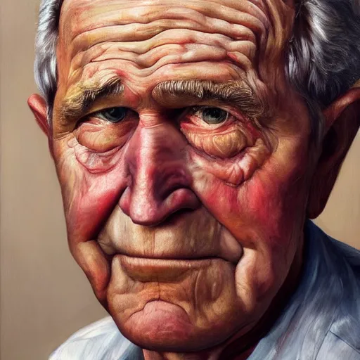 Prompt: hyperrealistic close up studio portrait of aging old George W Bush age 85 wrinkled weeping, oil painting by Ivan Albright and Lucian Freud and Ron Mueck, trending on artstation Studio lighting hyperrealism