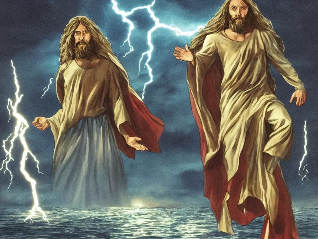 Image similar to jesus christ as a superhero with long hair and white eyes floating above the water shooting lightning out of his hands, drawn by alan moore, graphic novel, symmetrical, frontal, full body shot,