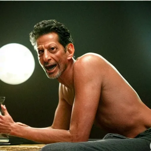 Prompt: Jeff Goldblum on all fours howling at the moon