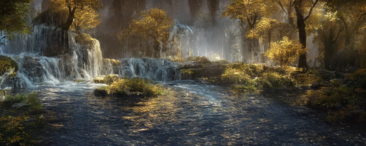 Prompt: of the throne of god and flowing from the throne is a river of the water of life as clear as crystal and in the middle of the river is a golden street and on either side of the river is a tree of life by daniel f. gerhartz and matt stewart, fantasy, photorealistic, octane render, unreal engine, dynamic lighting