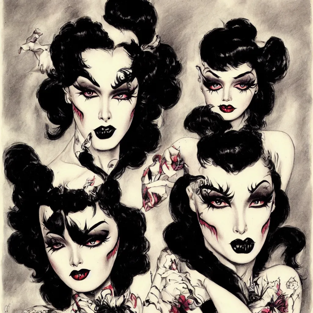 Image similar to of a goth girl burlesque psychobilly, rockabilly, punk, black hair, detailed face, white background, drawing, illustration by frank frazetta