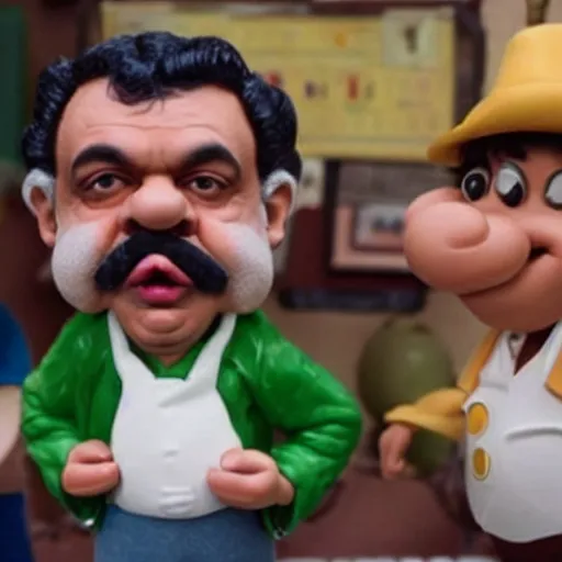 Image similar to beautifully rendered, masterpiece, caricature, claymation, luis guzman as luigi making absurd silly looking faces