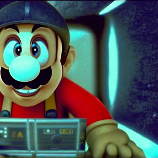 Image similar to Still of Super Mario in the movie 2001 A Space Odyssey, inside the spaceship, cinematic lighting, 4k