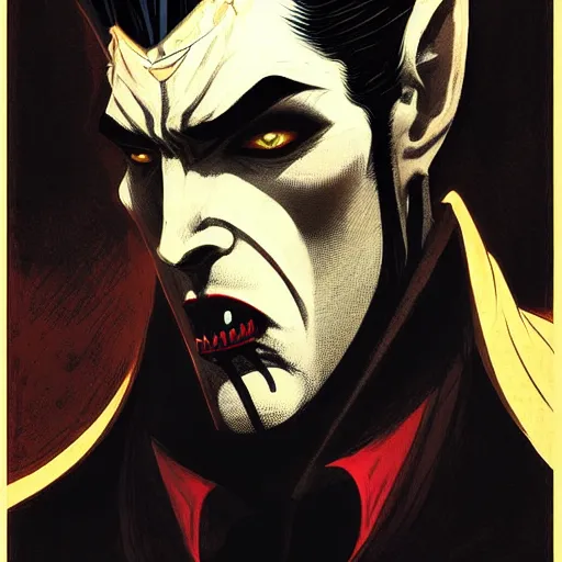 Image similar to handsome vampire king with crown and fangs, symmetrical face, evil, portrait, cinematic, dramatic, powerful, super detailed and intricate, by koson ohara, by darwyn cooke, by greg rutkowski, by satoshi kon