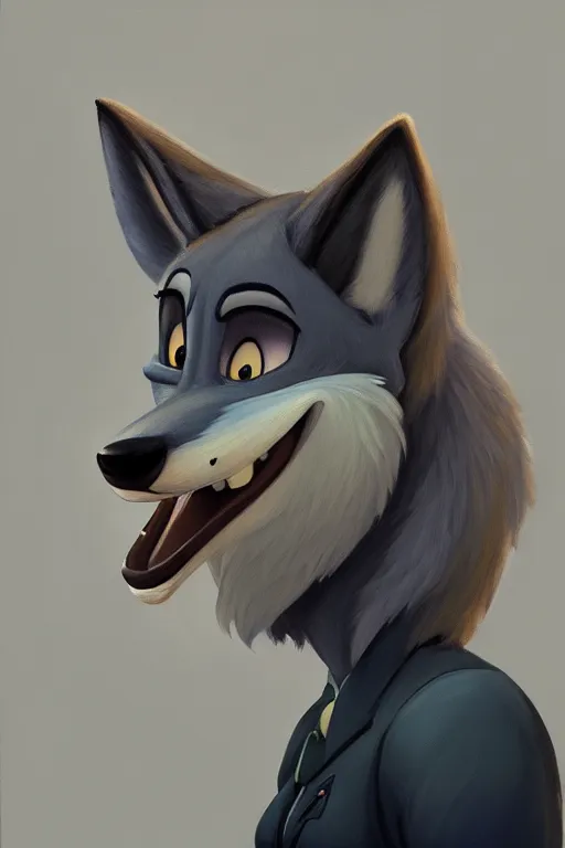 Image similar to oil painting of anthromorphic female wolf, in style of zootopia, female fursona, furry, furaffinity, 4 k, deviantart, furry art, fursona art, wearing black business suit, business suit, wolf fursona, female, smug expression,