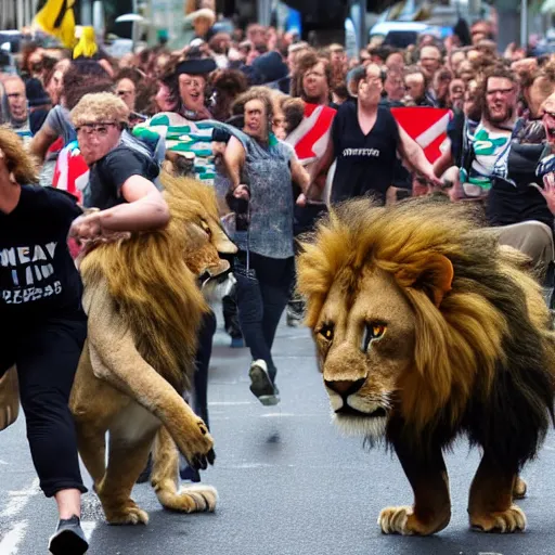 Prompt: News footage of New Zealand freedom protesters being chased by a pride of angry lions.