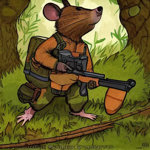 Image similar to woodland mouse, resistance, antropomorphic, guerilla soldier, green flag, camp fire, illustration, highly detailed, art by kyle ferrin