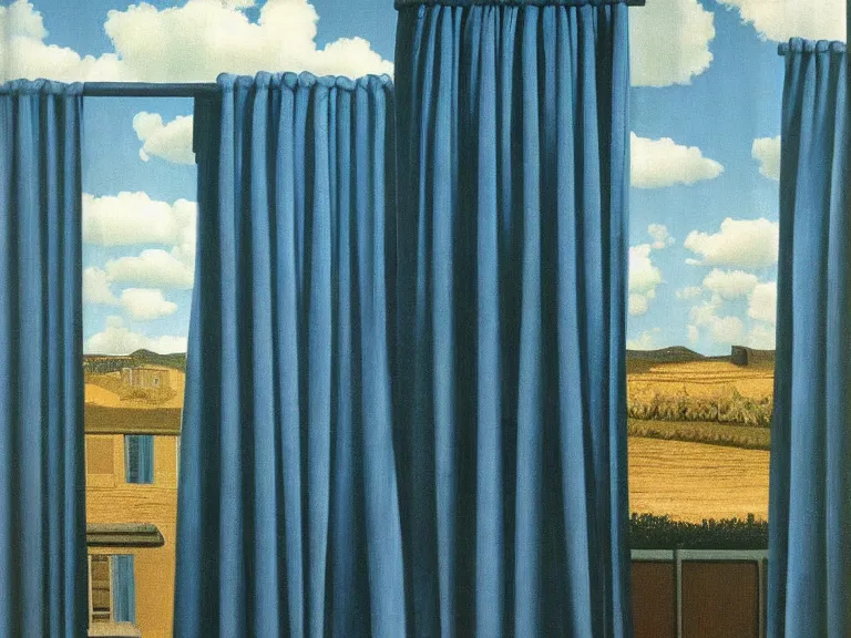 Image similar to curtains with clouds painted on them, painting by rene magritte, centered, high detail, high resolution
