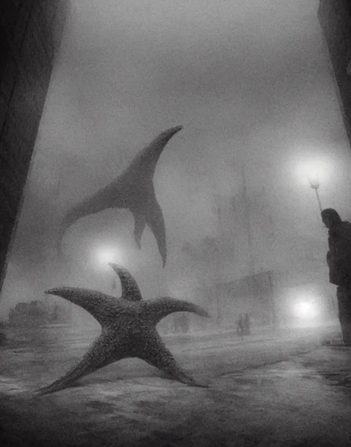 Image similar to very low - resolution found footage of a couple escaping in the city from a starfish kaiju monster, fog, foggy, korean film noir, monochrome, red hue, thriller, underdeveloped, epic, dramatic