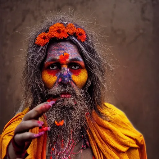 Image similar to 3 5 mm coloured film portrait of strange female aghori sadhu covered in ash creature, hyperrealism, celestial marigold red flowers vibe, photorealistic, detailed, atmospheric, 8 k, award winning photography, cinematic