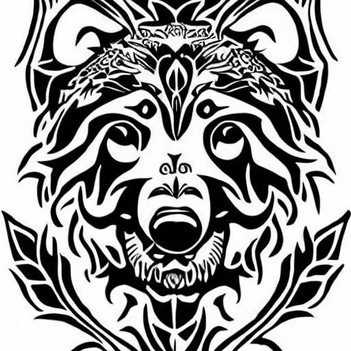 Image similar to tattoo design, stencil, bear, wreath surrounding wolf