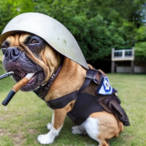 Image similar to dog with military helmet and cigar in mouth