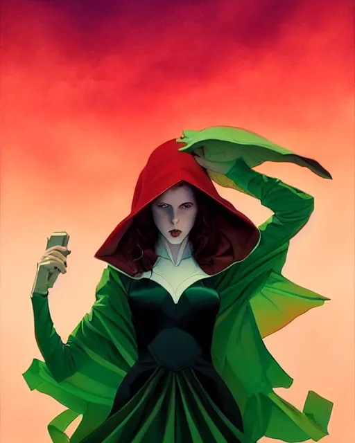 Image similar to Joshua Middleton comic art, artgerm, Mandy Jurgens art, cinematics lighting, beautiful Anna Kendrick supervillain, green dress with a black hood, angry, symmetrical face, Symmetrical eyes, full body, flying in the air over city, night time, red mood in background