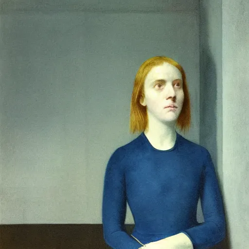 Prompt: close up of a girl in a blue and gold haunted liminal abandoned room, watercolor by hammershøi, art noveau, highly detailed, lights by edward hopper, liminal, eerie, bright pastel colors