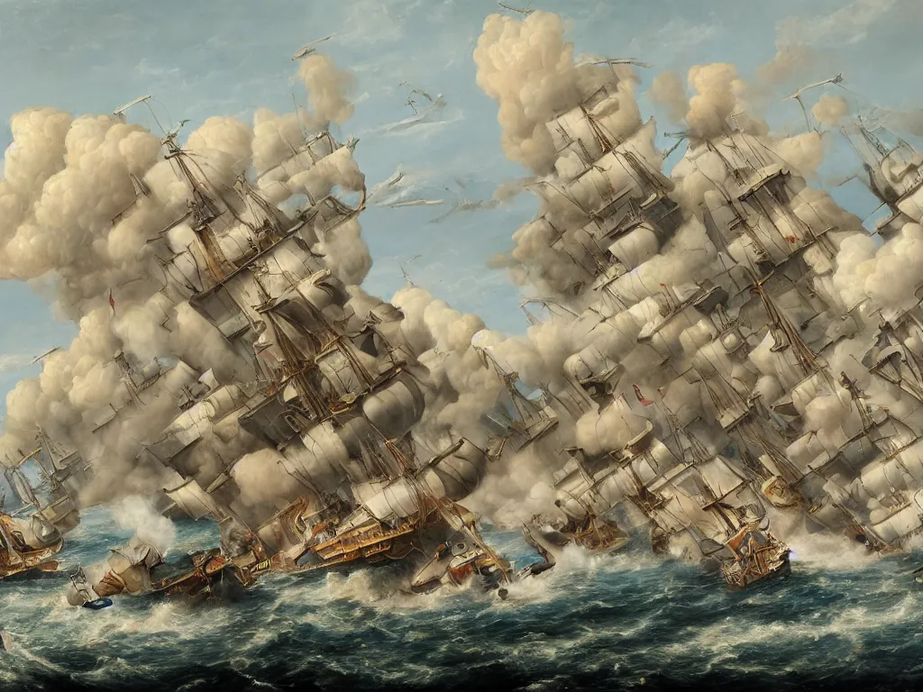 Prompt: An oil painting of a naval battle with cannons, highly detailed, intricate, 4k, masterpiece