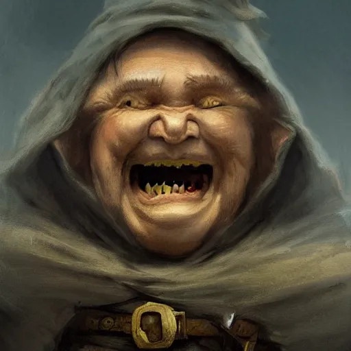 Image similar to small pale cowardly dwarf man wearing dark cloak, portrait, funny artwork, scared smile, close shot, round face, fantasy artwork, dnd, high fantasy, by karl spitzweg, whimsical