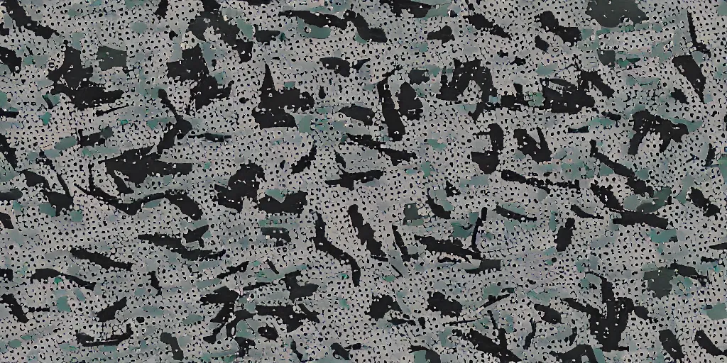 Image similar to camo made of teeth, smiling, abstract, fortnite, cryptic, dots, stipple, lines, splotch, color tearing, pitch bending, faceless people, dark, ominous, eerie, minimal, points, technical, old painting