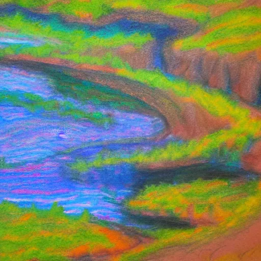 Image similar to a beautiful impressionist painting of a winding river, colored charcoal drawing on canvas