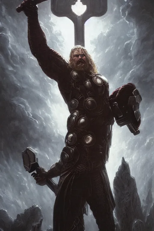 Prompt: realistic portrait beautiful concept art of avengers movie scene when thor mutate into odin. horror, created by gustave dore and greg rutkowski, high detailed, smooth draw, synthwave neon retro, intricate, realistic proportions, dramatic lighting, trending on artstation.