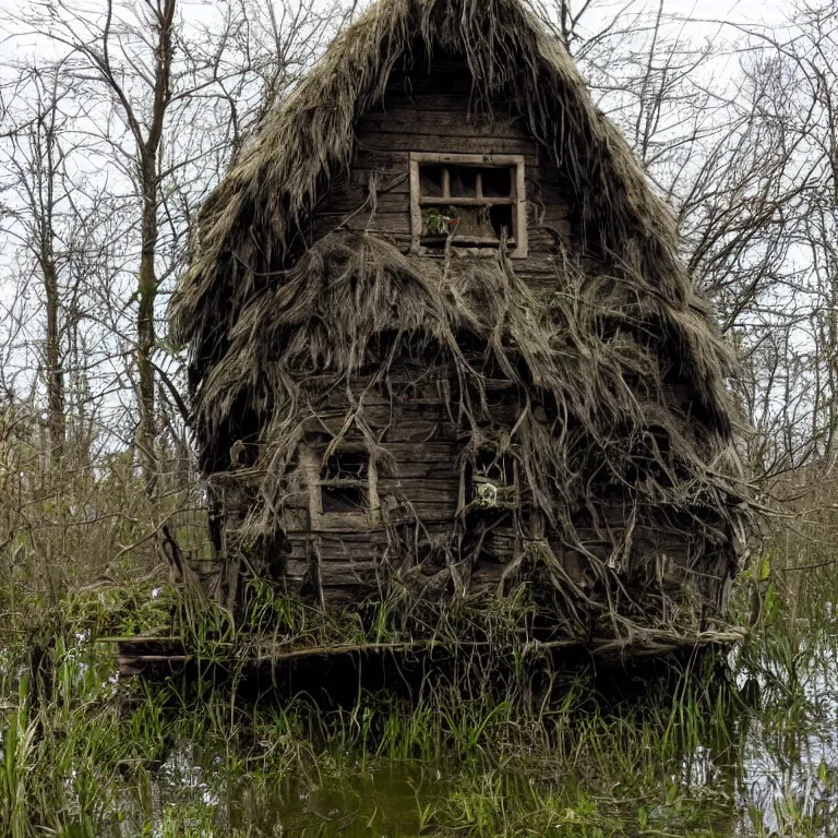 Prompt: a witches hut in a swamp