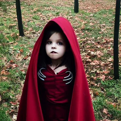 Prompt: Photograph of a small vampire girl wearing a dark red cloak