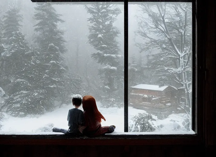 Image similar to a boy and a girl with long flowing auburn hair sitting together on the porch of a cabin on a mountain overlooking a snowy landscape. Atmospheric lighting, romantic, boy and girl, cold lighting, snowy. By Makoto Shinkai, Stanley Artgerm Lau, WLOP, Rossdraws, James Jean, Andrei Riabovitchev, Marc Simonetti, krenz cushart, Sakimichan, D&D trending on ArtStation, digital art.