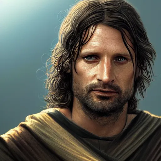 Image similar to Aragorn portrait, golden hour, rim lighting, detailed matte painting, cinematic, Alan Lee, Artstation