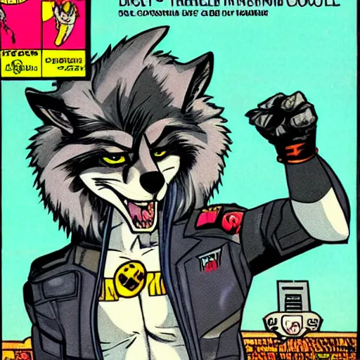 Image similar to 1 9 8 0 s comic book cover scan featuring a portrait of villain male wolf o'donnell anthropomorphic wolf furry fursona from starfox wearing a dark space mercenary uniform, dark grey wolf, handsome eyes, wolf o'donnell