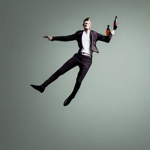 Image similar to a painting of a portrait of a male model boisterously dancing around the room by himself holding an empty wine bottle as he jumps in the air in a (warehouse), striking artistic concept, perfect composition, detailed facial expression, fine detail, dramatic lighting, award-winning photo UHD, 4K