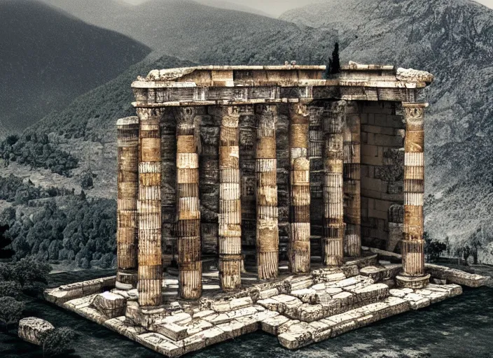 Prompt: reconstruction of the ancient temple of apollo at delphi, award winning photography, trending on artstation