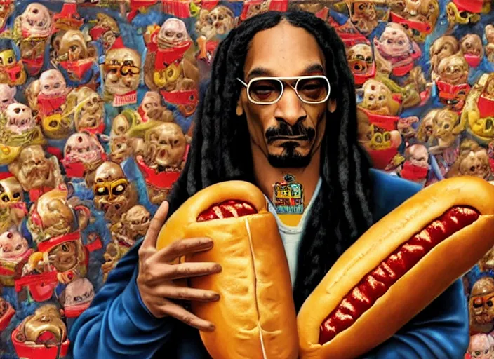 Image similar to snoop dogg inside a hot dog, lowbrow, matte painting, 3 - d highly detailed, in the style of mark ryden,